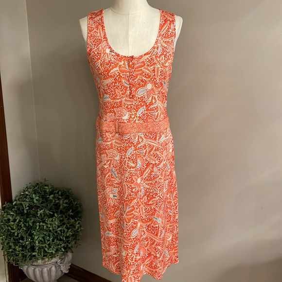 TORY BURCH orange floral stretchy SILK KNIT DRESS. Sleeveless zippered side Med - Picture 3 of 16